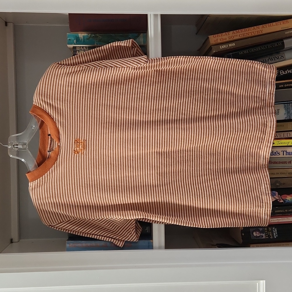 Vintage women's shirt, brown & white stripes, size large,